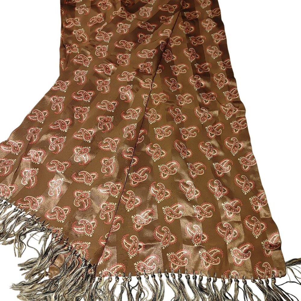 Brown Paisley Satin Scarf Vintage Fringe Trim 42 by 11 Inches Unisex Luxurious
